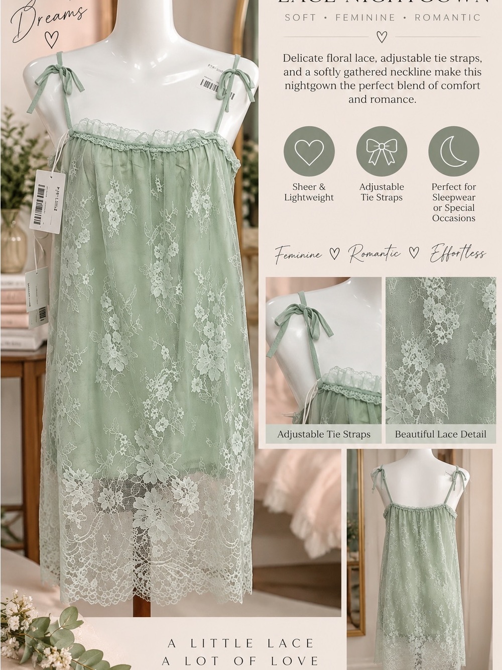 Romantic Lace Tie-Strap Nightgown in Sage Green